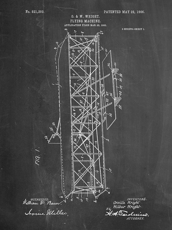 Transportation Digital Art - Pp288-chalkboard Wright Brothers Flying Machine Patent Poster by Cole Borders