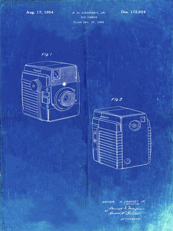 Kodak Camera Photograph - Pp300-faded Blueprint Kodak Brownie Bullseye 1954 Patent Poster by Cole Borders