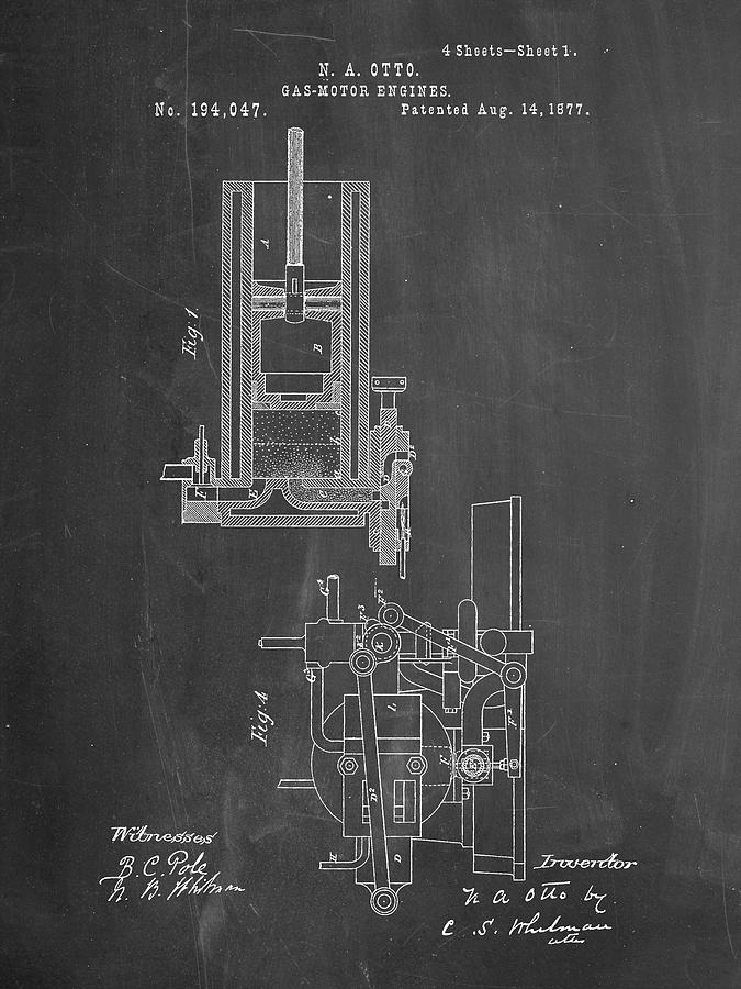 Motor Digital Art - Pp304-chalkboard Combustible 4 Cycle Engine Otto 1877 Patent Poster by Cole Borders