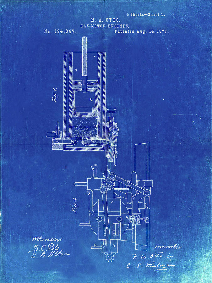 Motor Digital Art - Pp304-faded Blueprint Combustible 4 Cycle Engine Otto 1877 Patent Poster by Cole Borders