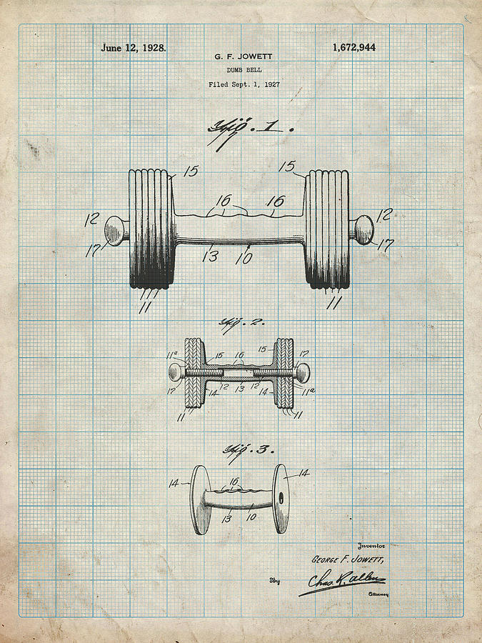 Weightlifting Digital Art - Pp314-antique Grid Parchment Dumbbell Patent Poster by Cole Borders