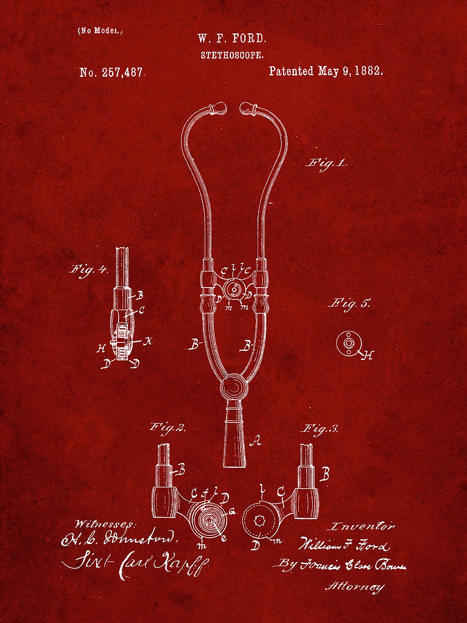 Doctor Office Photograph - Pp315-burgundy Stethoscope Patent Poster by Cole Borders