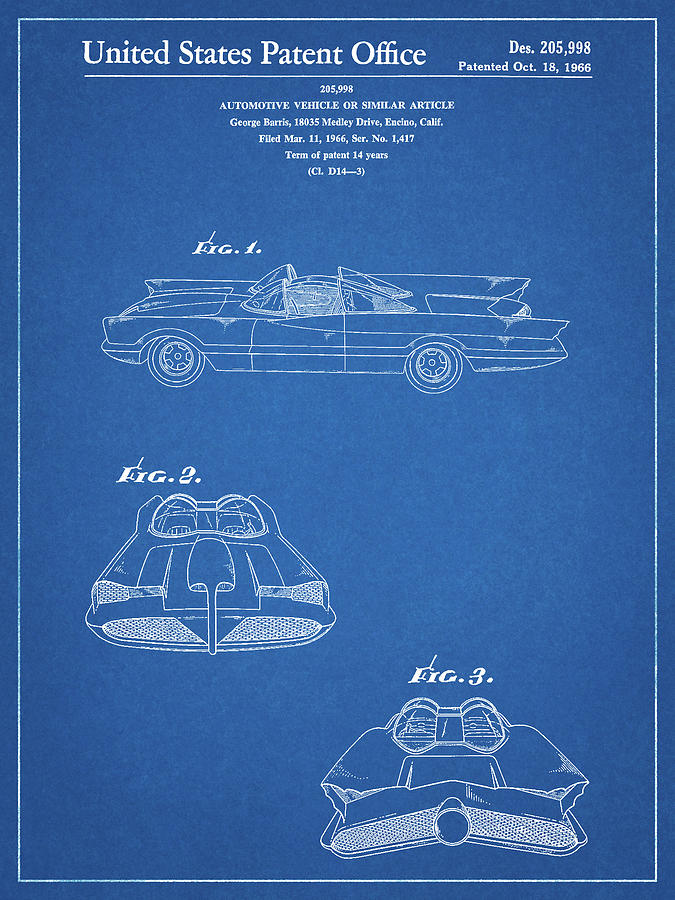 Batman Movie Digital Art - Pp316-blueprint Batman Tv Batmobile Patent Poster by Cole Borders
