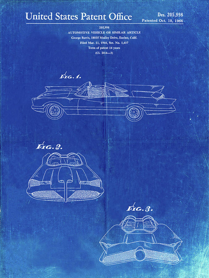 Batman Movie Digital Art - Pp316-faded Blueprint Batman Tv Batmobile Patent Poster by Cole Borders