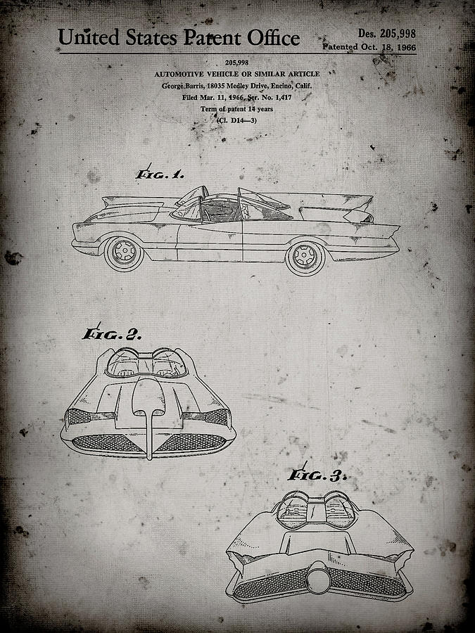 Batman Movie Digital Art - Pp316-faded Grey Batman Tv Batmobile Patent Poster by Cole Borders