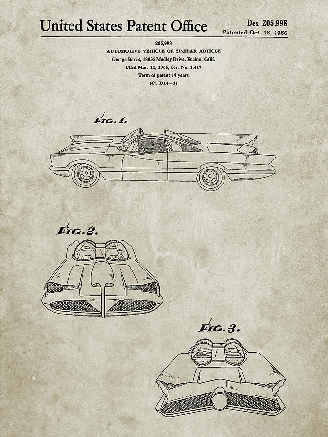 Batman Movie Digital Art - Pp316-sandstone Batman Tv Batmobile Patent Poster by Cole Borders
