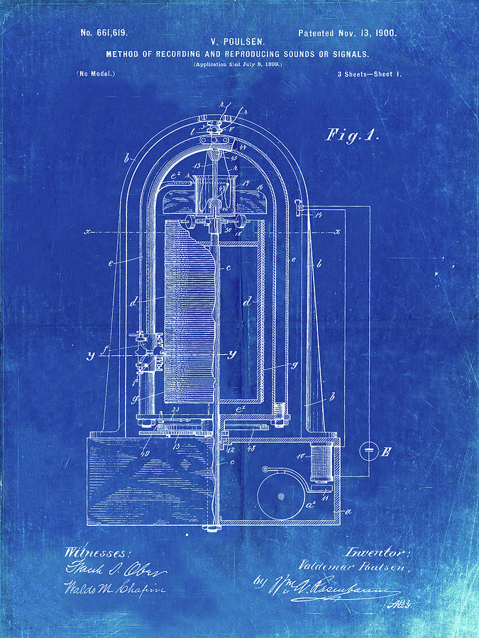Music Digital Art - Pp318-faded Blueprint Poulsen Magnetic Wire Recorder 1900 Patent Poster by Cole Borders