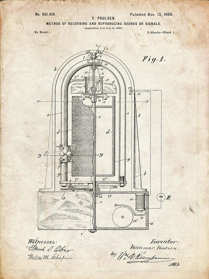 Music Digital Art - Pp318-vintage Parchment Poulsen Magnetic Wire Recorder 1900 Patent Poster by Cole Borders