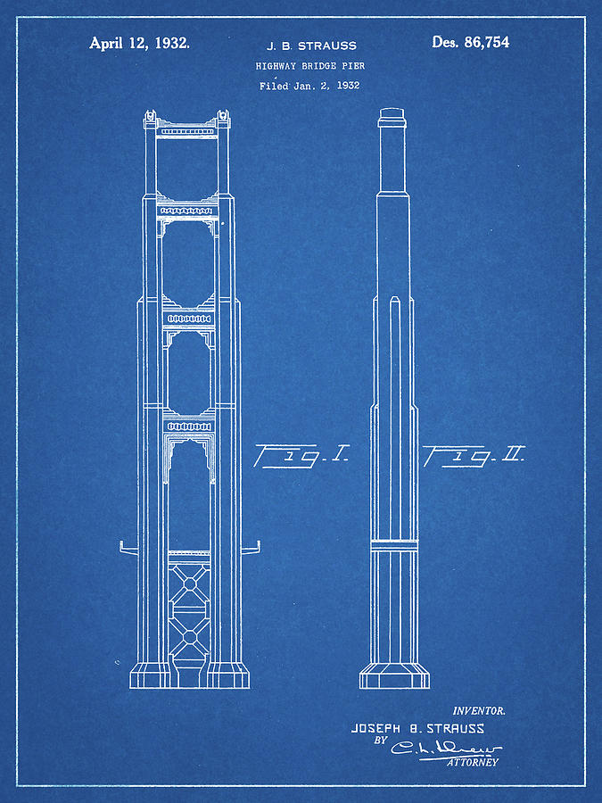 Architectural Digital Art - Pp321-blueprint Golden Gate Bridge Main Tower Patent Poster by Cole Borders