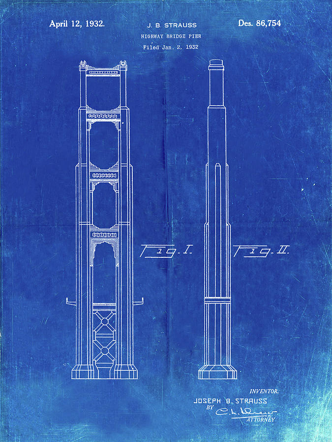 Bridge Digital Art - Pp321-faded Blueprint Golden Gate Bridge Main Tower Patent Poster by Cole Borders