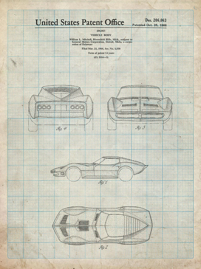 Transportation Digital Art - Pp339-antique Grid Parchment 1966 Corvette Mako Shark II Patent Poster by Cole Borders
