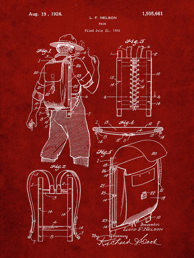 Objects Digital Art - Pp342-burgundy Trapper Nelson Backpack 1924 Patent Poster by Cole Borders
