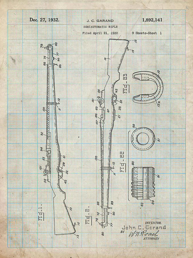 Design Digital Art - Pp35-antique Grid Parchment M-1 Rifle Patent Poster by Cole Borders