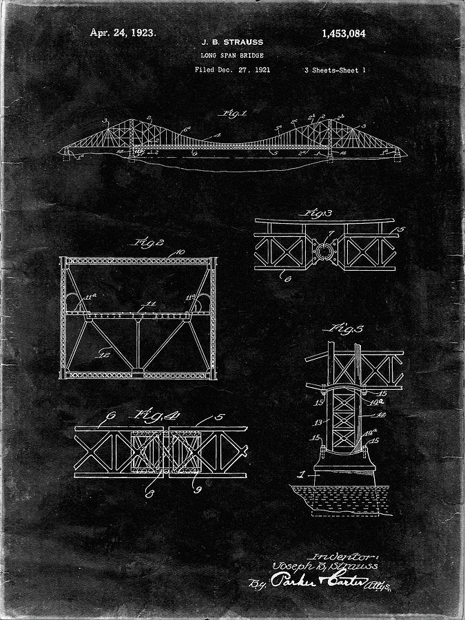 Golden Gate Bridge Digital Art - Pp350-black Grunge Golden Gate Bridge Patent Poster by Cole Borders
