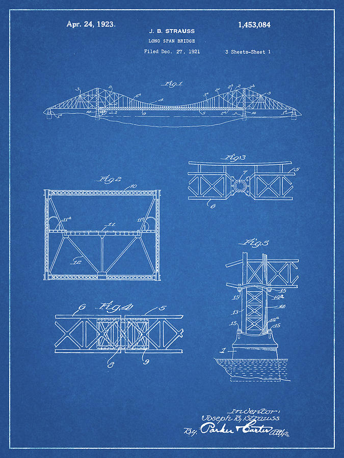 Golden Gate Bridge Digital Art - Pp350-blueprint Golden Gate Bridge Patent Poster by Cole Borders