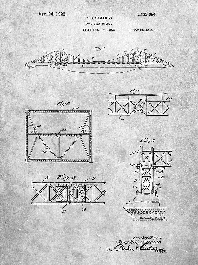 Golden Gate Bridge Digital Art - Pp350-slate Golden Gate Bridge Patent Poster by Cole Borders