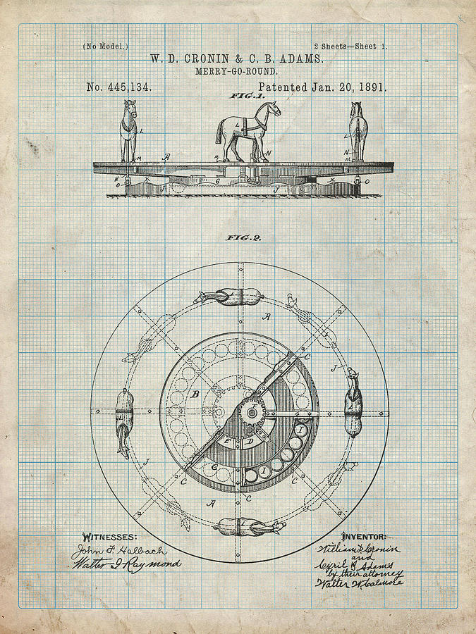 Carousel Design Digital Art - Pp351-antique Grid Parchment Carousel 1891 Patent Poster by Cole Borders