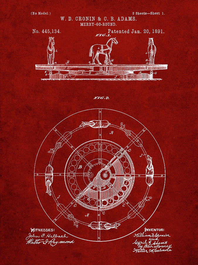 Carousel Design Digital Art - Pp351-burgundy Carousel 1891 Patent Poster by Cole Borders