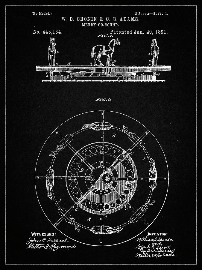 Carousel Design Digital Art - Pp351-vintage Black Carousel 1891 Patent Poster by Cole Borders