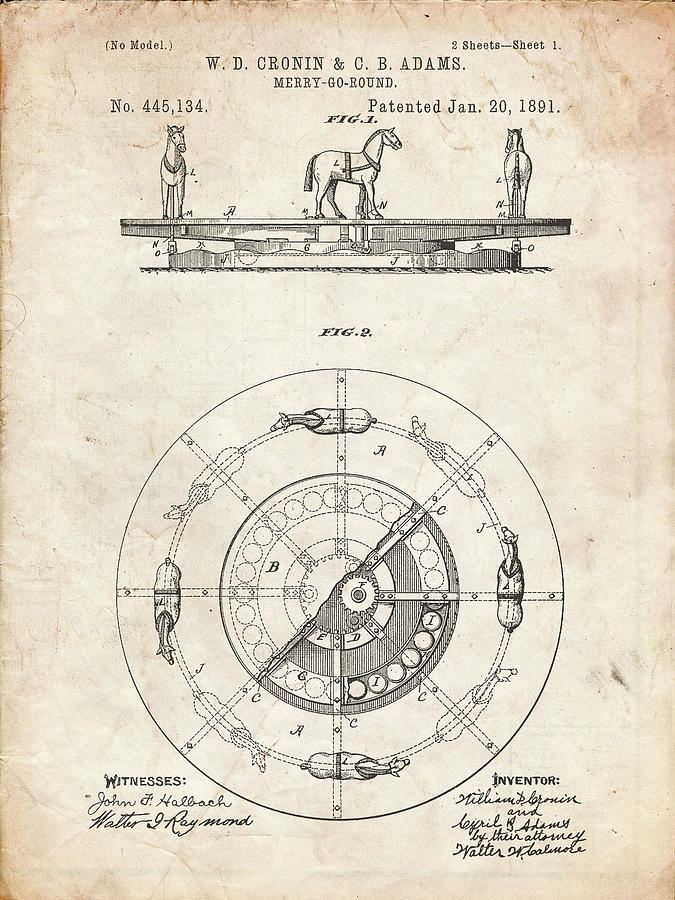 Carousel Design Digital Art - Pp351-vintage Parchment Carousel 1891 Patent Poster by Cole Borders