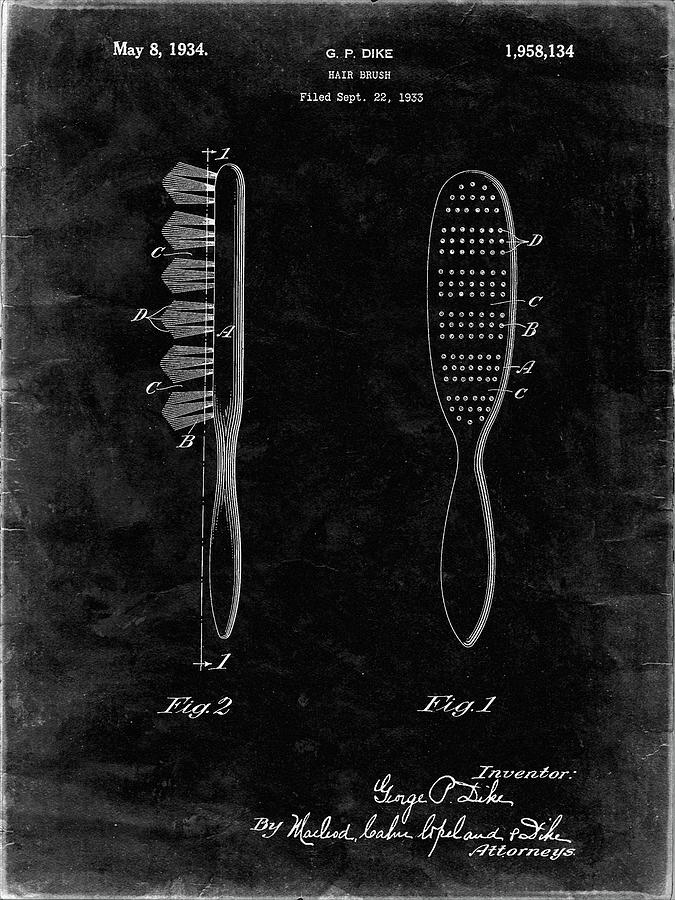 Household Item Digital Art - Pp352-black Grunge Wooden Hair Brush 1933 Patent Poster by Cole Borders