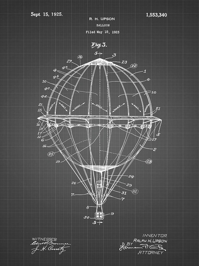 Vintage Digital Art - Pp36-black Grid Hot Air Balloon 1923 Patent Poster by Cole Borders