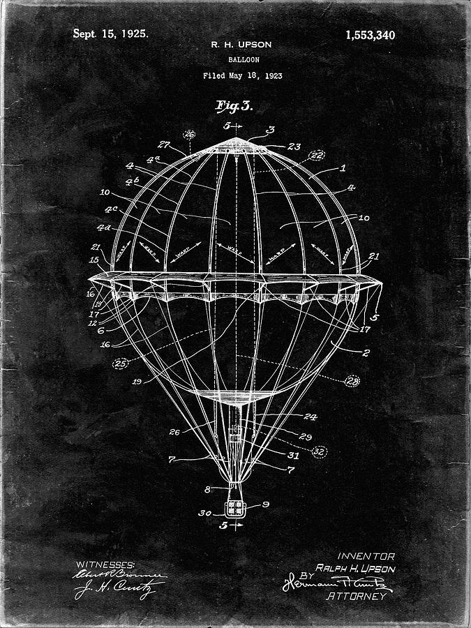 Vintage Digital Art - Pp36-black Grunge Hot Air Balloon 1923 Patent Poster by Cole Borders