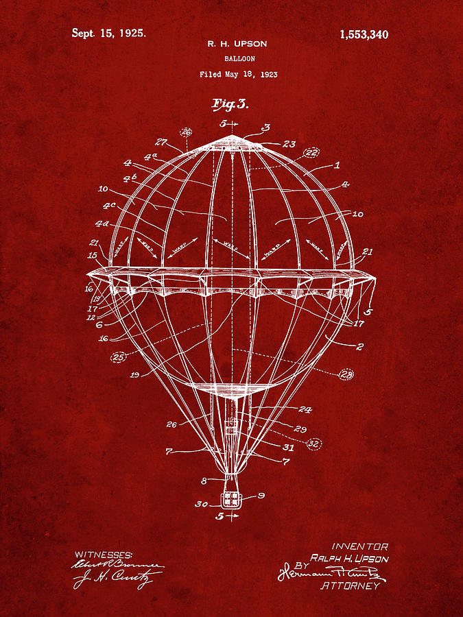 Vintage Digital Art - Pp36-burgundy Hot Air Balloon 1923 Patent Poster by Cole Borders