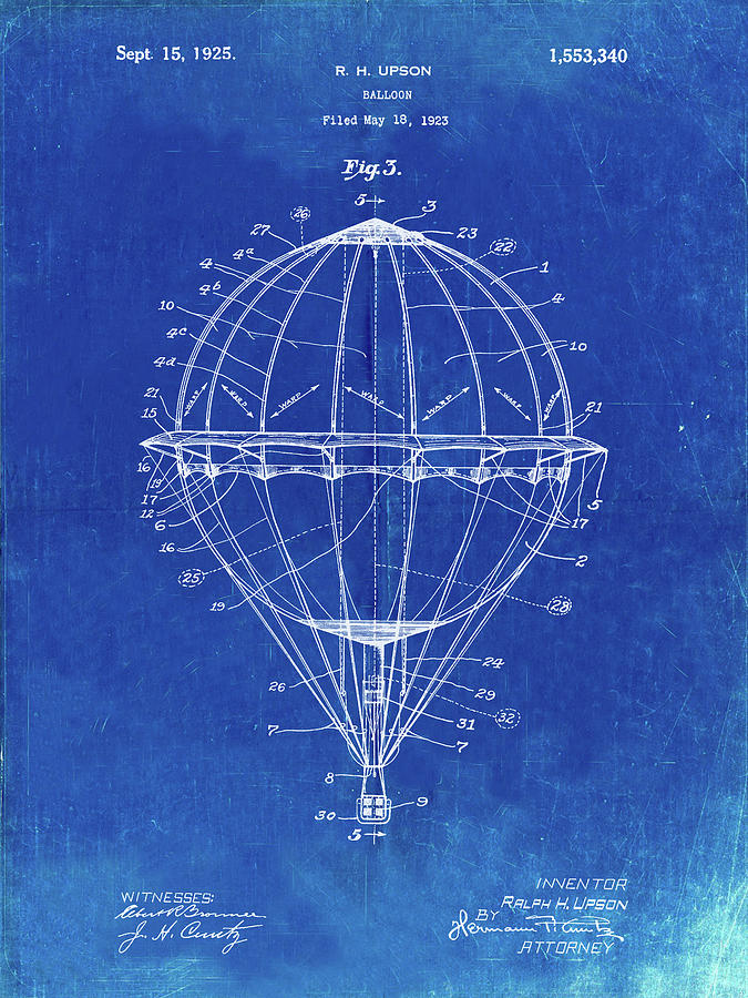 Vintage Digital Art - Pp36-faded Blueprint Hot Air Balloon 1923 Patent Poster by Cole Borders