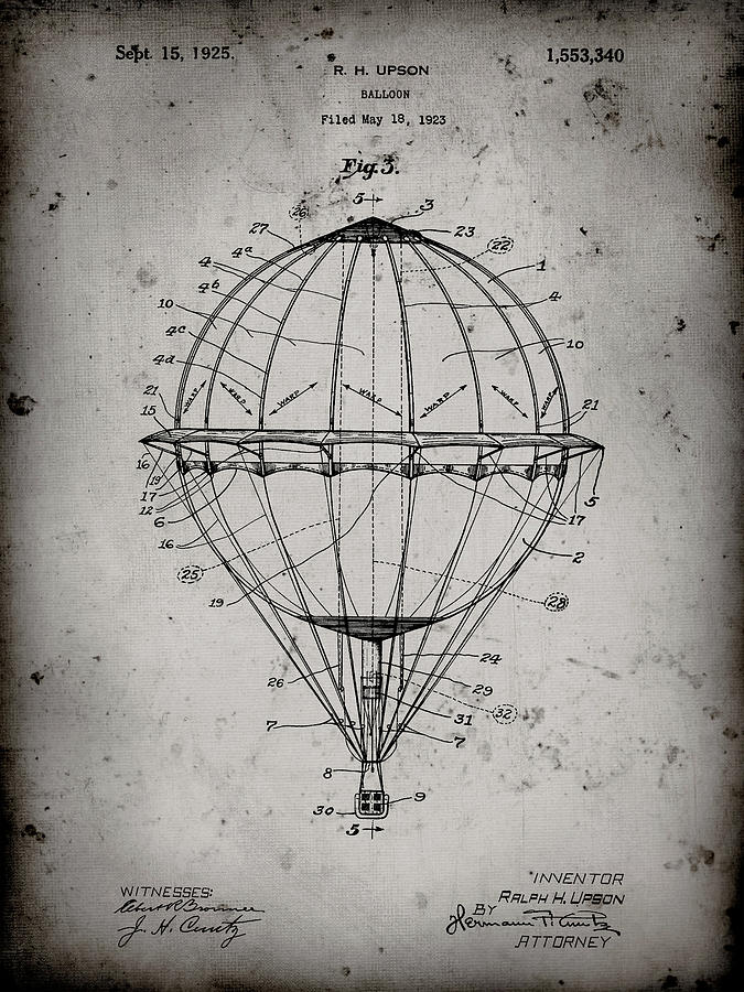 Vintage Digital Art - Pp36-faded Grey Hot Air Balloon 1923 Patent Poster by Cole Borders