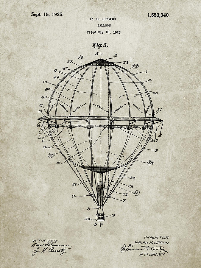 Vintage Digital Art - Pp36-sandstone Hot Air Balloon 1923 Patent Poster by Cole Borders