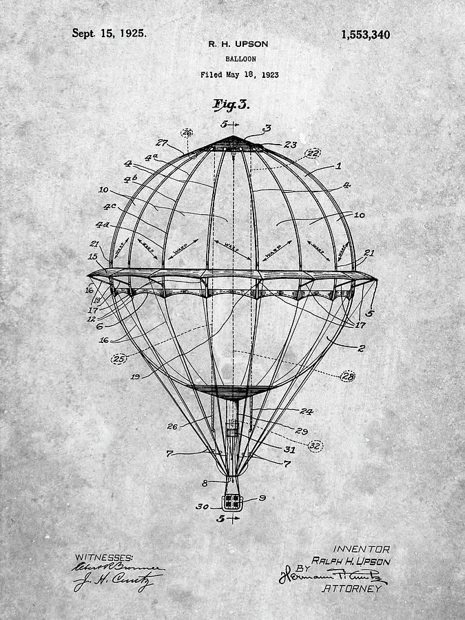 Vintage Digital Art - Pp36-slate Hot Air Balloon 1923 Patent Poster by Cole Borders