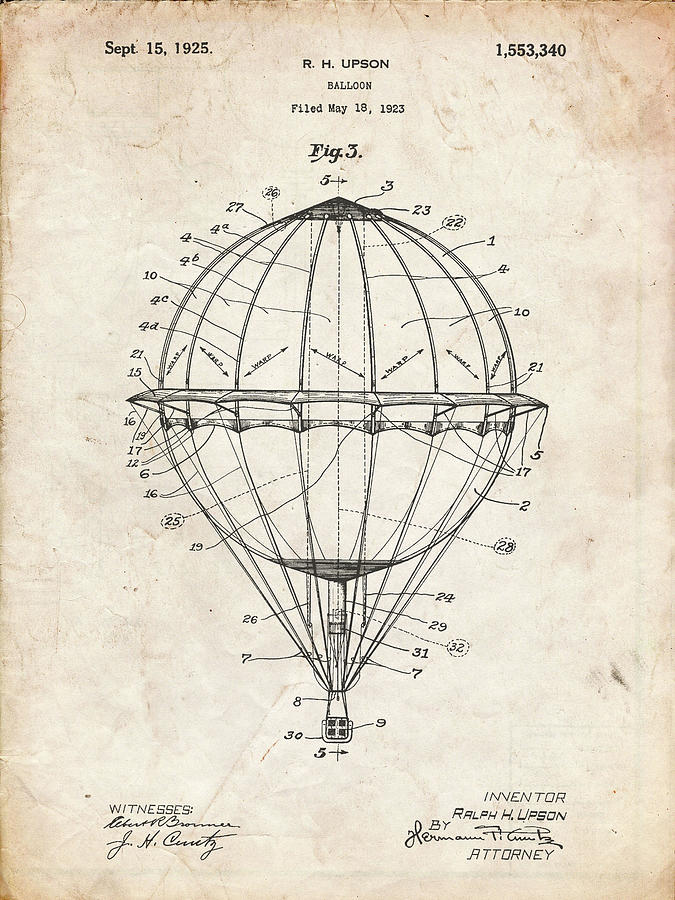 Design Digital Art - Pp36-vintage Parchment Hot Air Balloon 1923 Patent Poster by Cole Borders