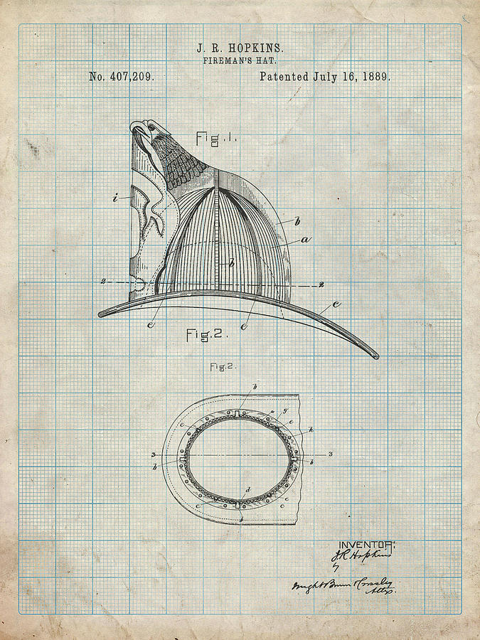 Design Digital Art - Pp38-antique Grid Parchment Vintage Firemans Helmet 1889 Poster by Cole Borders