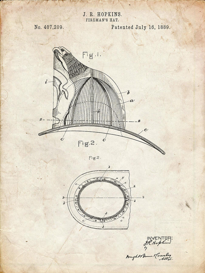Design Digital Art - Pp38-vintage Parchment Vintage Firemans Helmet 1889 Poster by Cole Borders