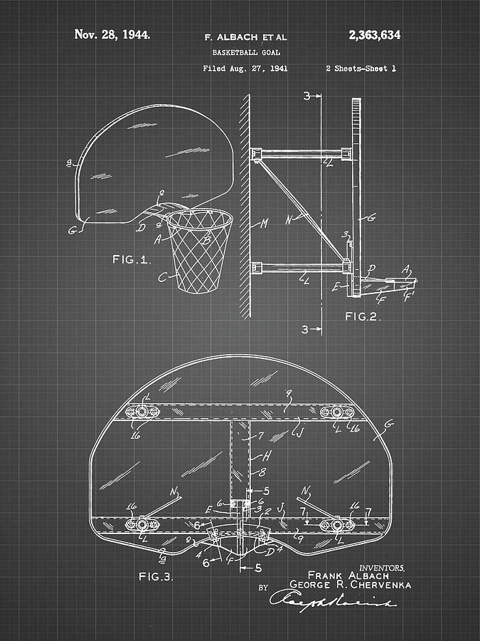 Basketball Coach Digital Art - Pp381-black Grid Basketball Goal Patent Print by Cole Borders