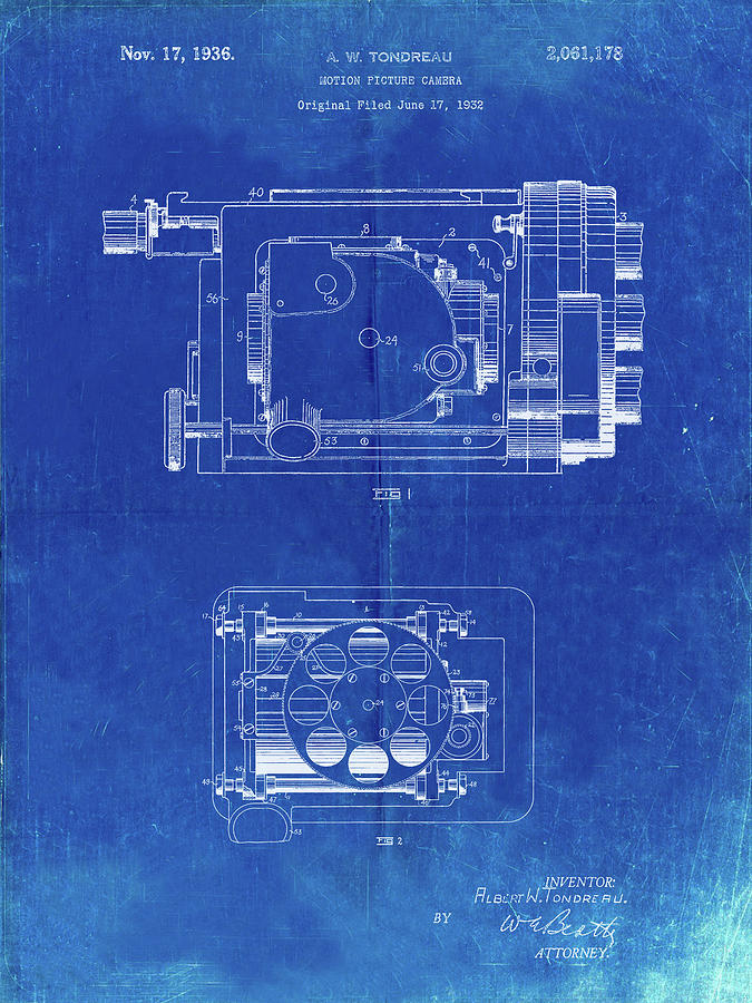 Pp390-faded Blueprint Motion Picture Camera 1932 Patent Poster Digital ...