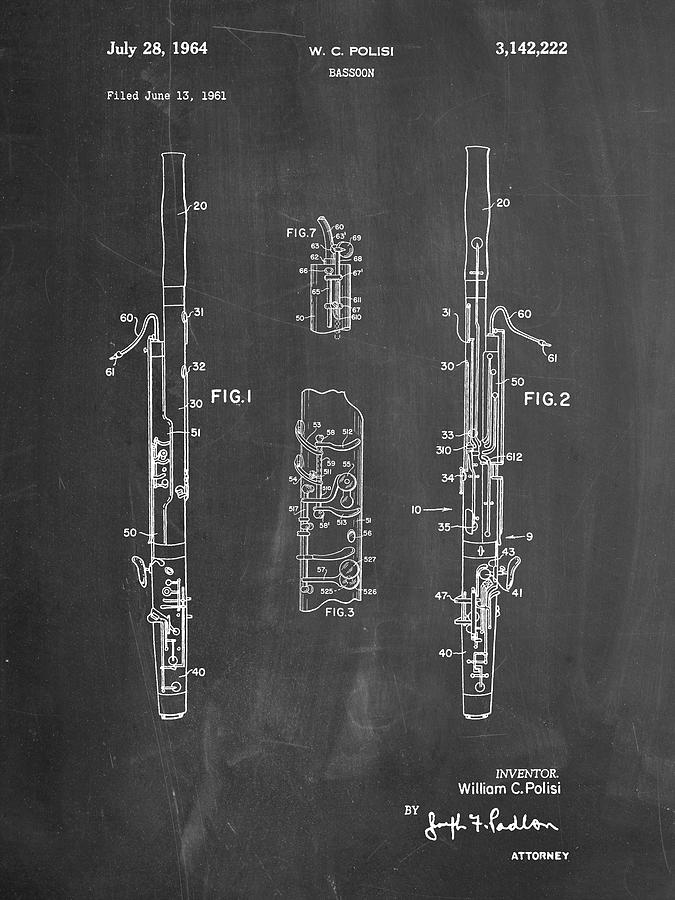 Music Digital Art - Pp392-chalkboard Bassoon Patent Poster by Cole Borders