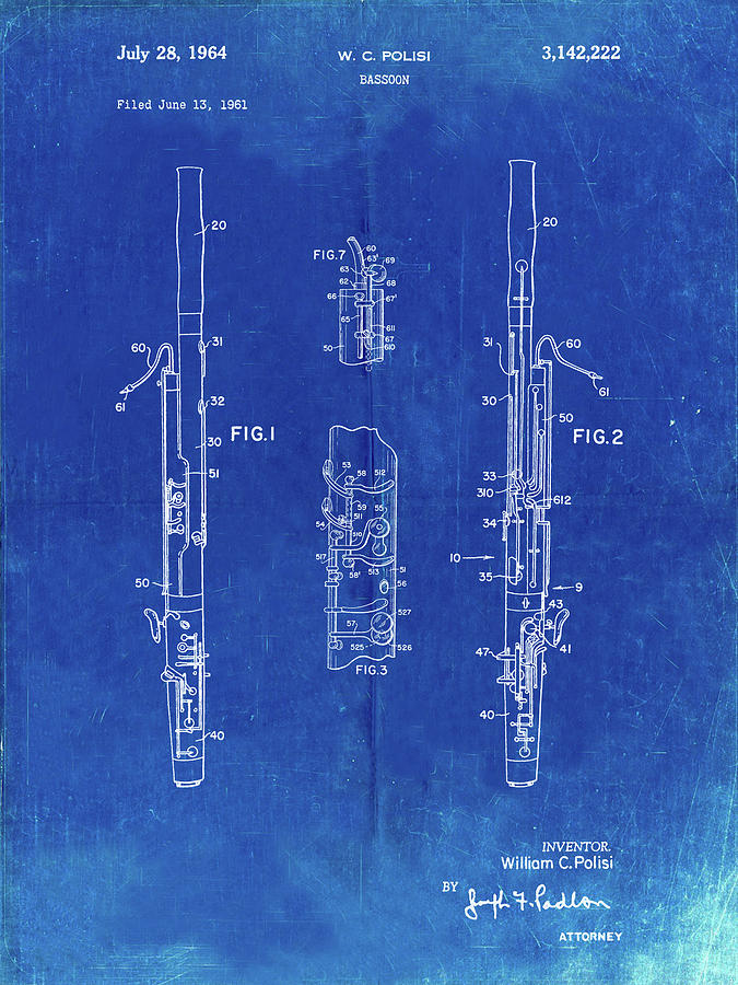 Music Digital Art - Pp392-faded Blueprint Bassoon Patent Poster by Cole Borders