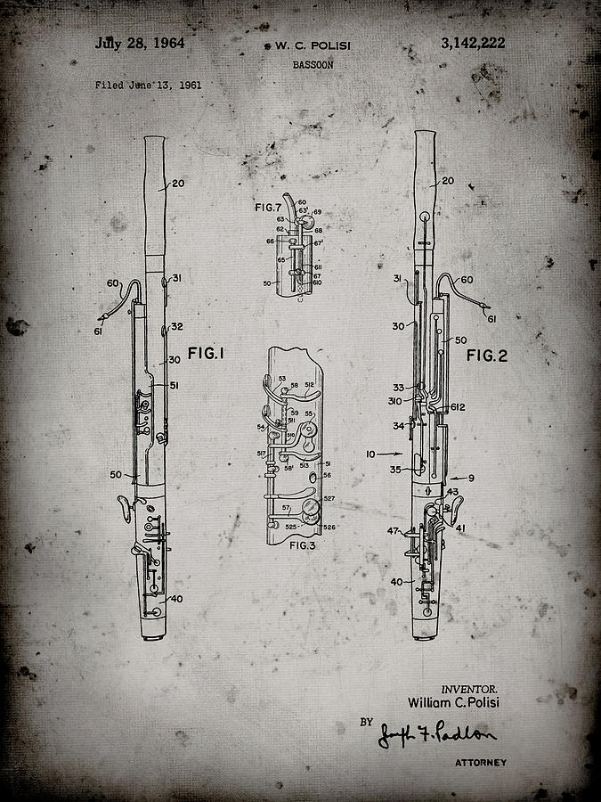Music Digital Art - Pp392-faded Grey Bassoon Patent Poster by Cole Borders