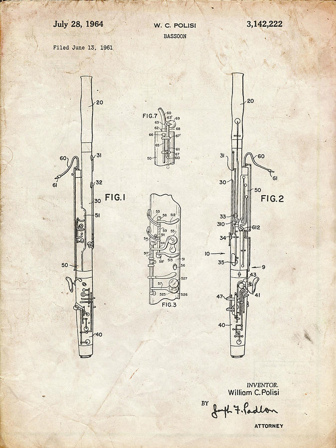 Music Digital Art - Pp392-vintage Parchment Bassoon Patent Poster by Cole Borders