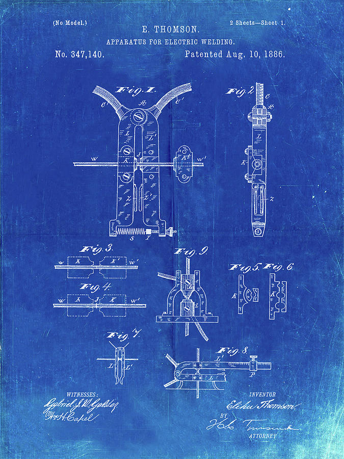 Tool Digital Art - Pp428-faded Blueprint Electric Welding Machine 1886 Patent Poster by Cole Borders