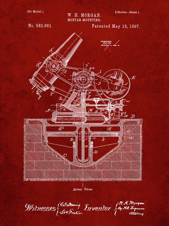 Tool Digital Art - Pp445-burgundy Military Mortar Launcher Patent Poster by Cole Borders