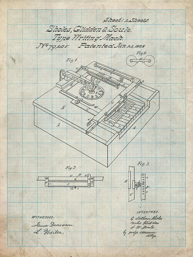 Pp45-antique Grid Parchment Sholes And Glidden Type- Writer Patent ...