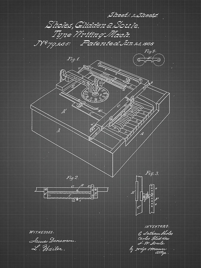 Design Digital Art - Pp45-black Grid Sholes And Glidden Type- Writer Patent Poster by Cole Borders