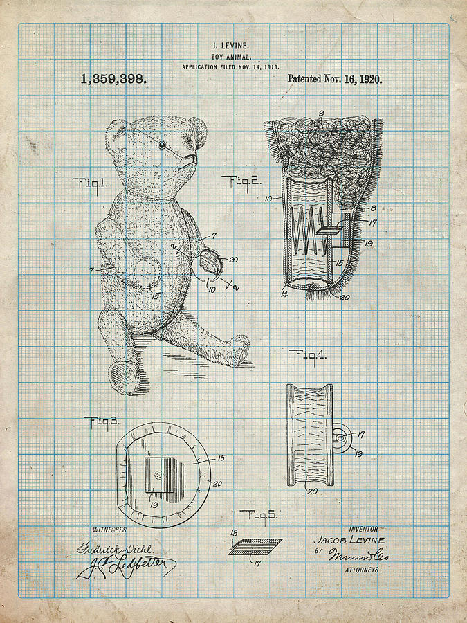 Toy Digital Art - Pp452-antique Grid Parchment Whistle Teddy Bear 1919 Patent Poster by Cole Borders