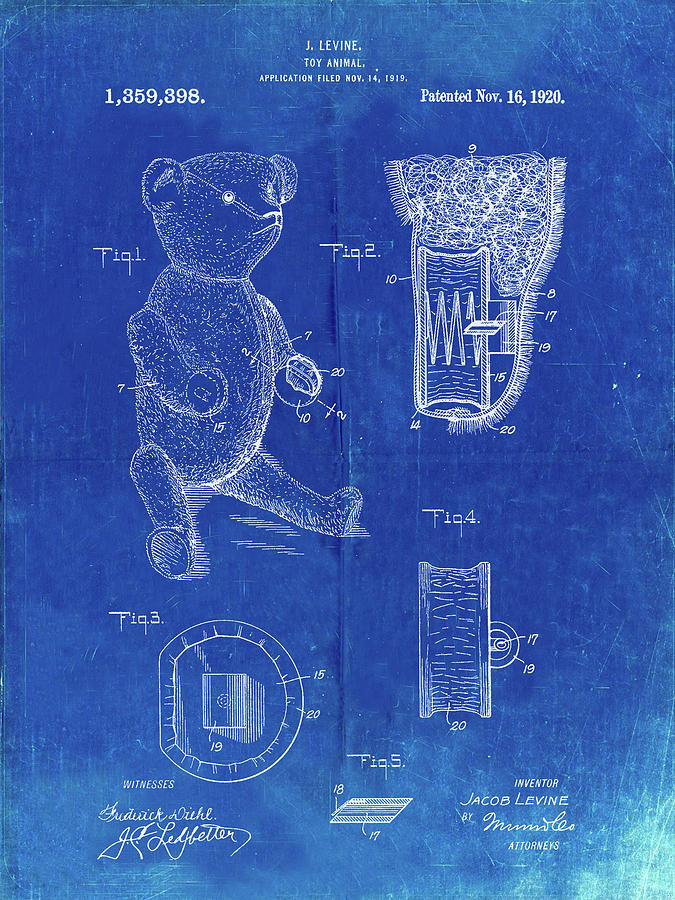 Toy Digital Art - Pp452-faded Blueprint Whistle Teddy Bear 1919 Patent Poster by Cole Borders
