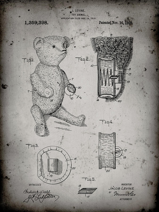 Toy Digital Art - Pp452-faded Grey Whistle Teddy Bear 1919 Patent Poster by Cole Borders