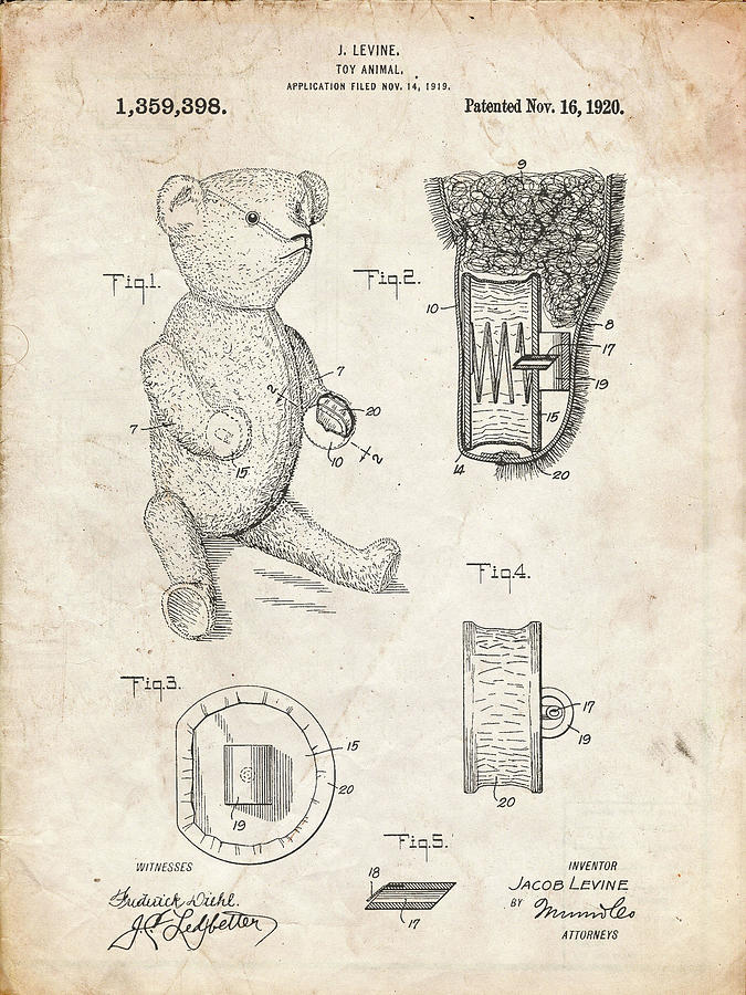 Toy Digital Art - Pp452-vintage Parchment Whistle Teddy Bear 1919 Patent Poster by Cole Borders