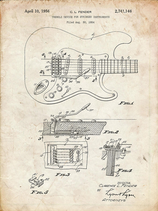Music Digital Art - Pp46-vintage Parchment Fender Guitar Tremolo Poster by Cole Borders